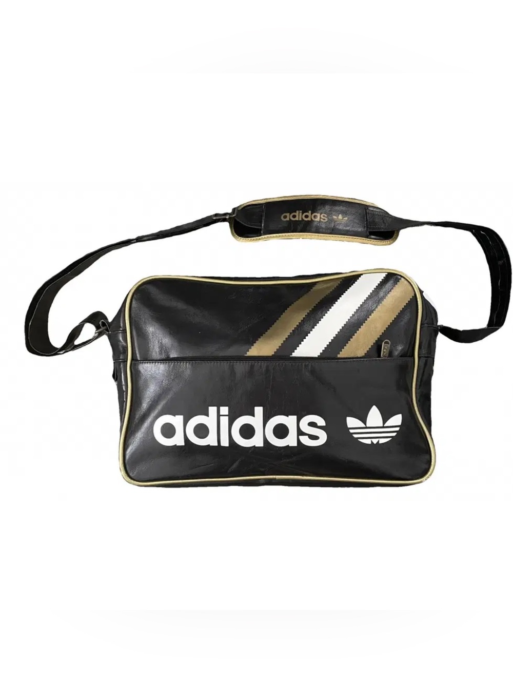 Vintage adidas Black Airliner Bag with Gold Accents and White Logo